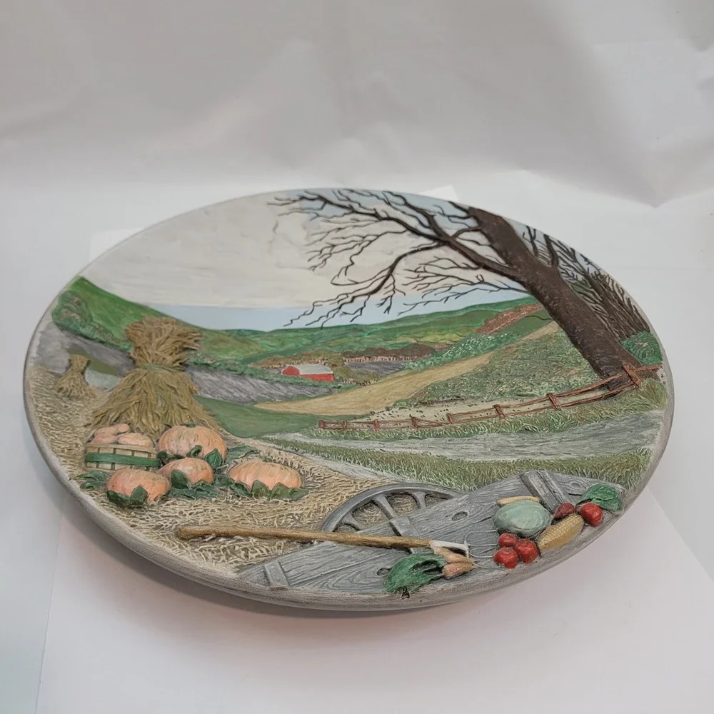 E&J Ceramic Shop Relief Plate Vintage 1977 Fall Harvest Farmhouse Decor 12.5in
